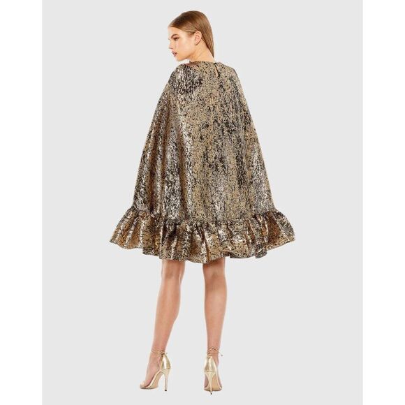 Mac Duggal NWT High Neck Cape Sleeve Metallic Trapeze Dress in Bronze Size S - Picture 3 of 9
